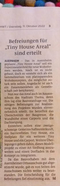 Zeitungsausschnitt: Befreiungen für Tiny House Areal sind erteilt (HWT, 11. Oktober 2022)